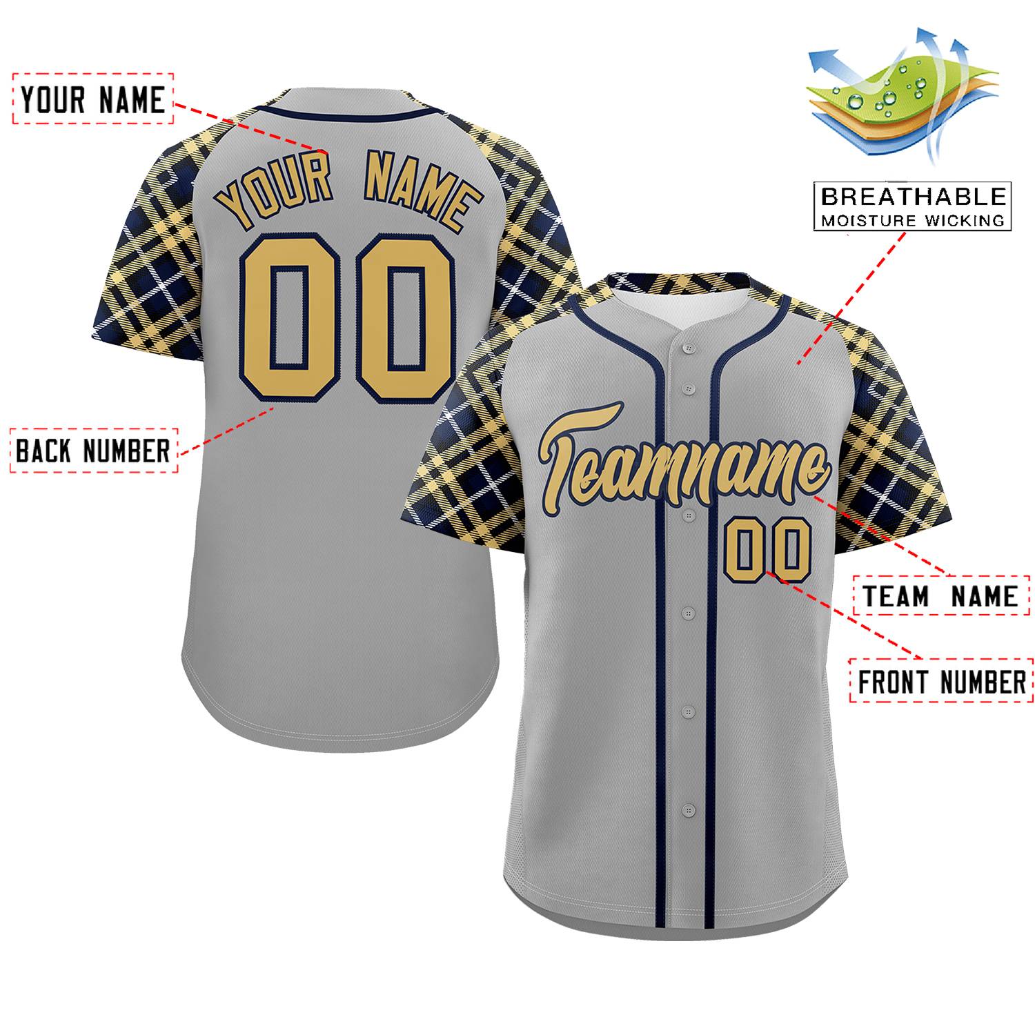 Custom Gray Old Gold-Navy Personalized Raglan Sleeves Authentic Baseball Jersey | KXKSHOP