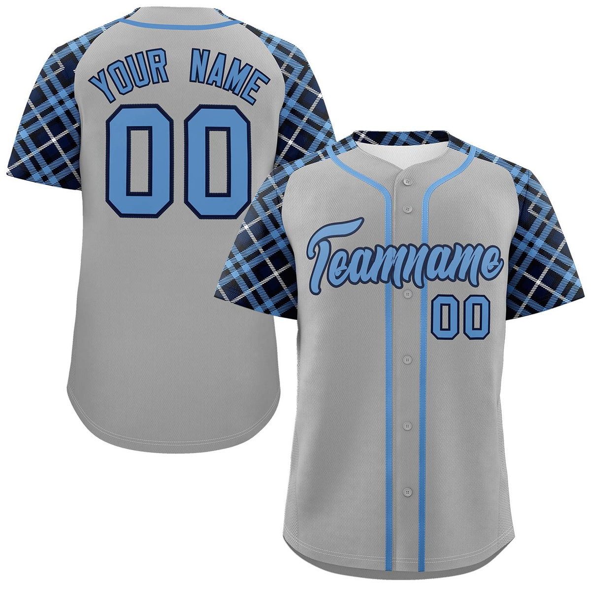 Custom Gray Light Blue-Navy Personalized Raglan Sleeves Authentic Baseball Jersey | KXKSHOP