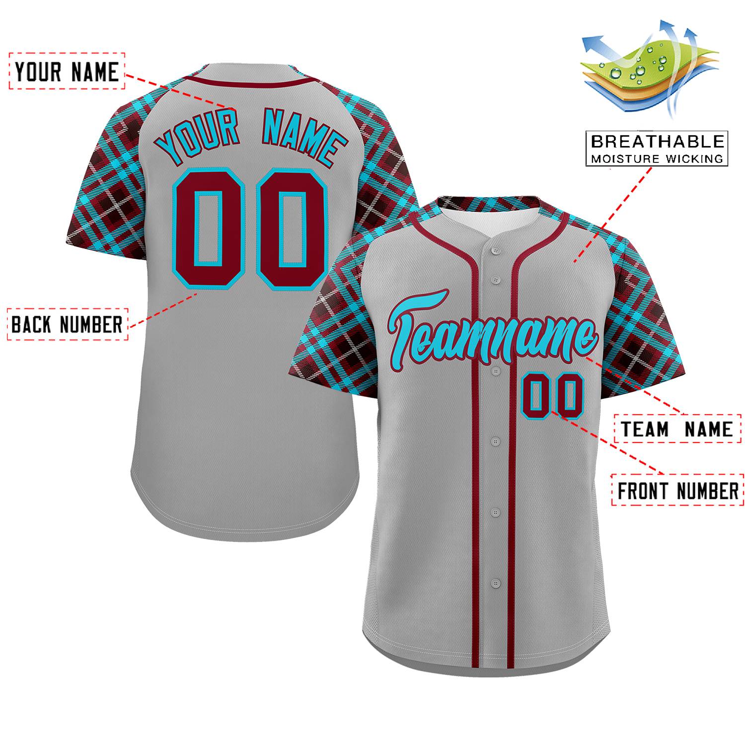 Custom Gray Sky Blue-Crimson Personalized Raglan Sleeves Authentic Baseball Jersey | KXKSHOP