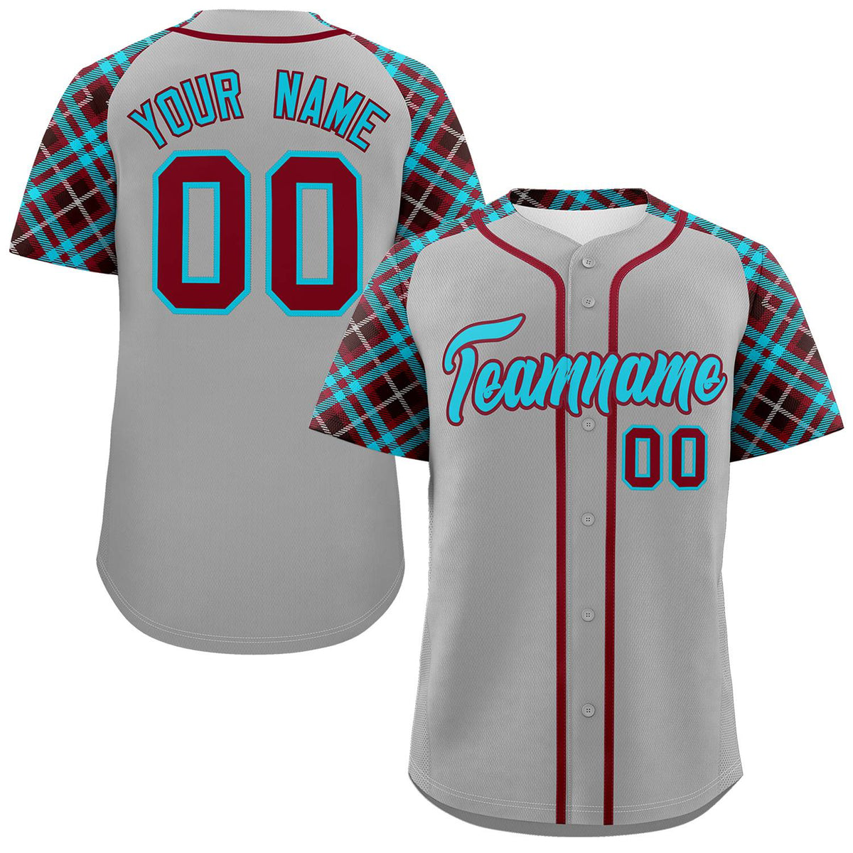 Custom Gray Sky Blue-Crimson Personalized Raglan Sleeves Authentic Baseball Jersey | KXKSHOP