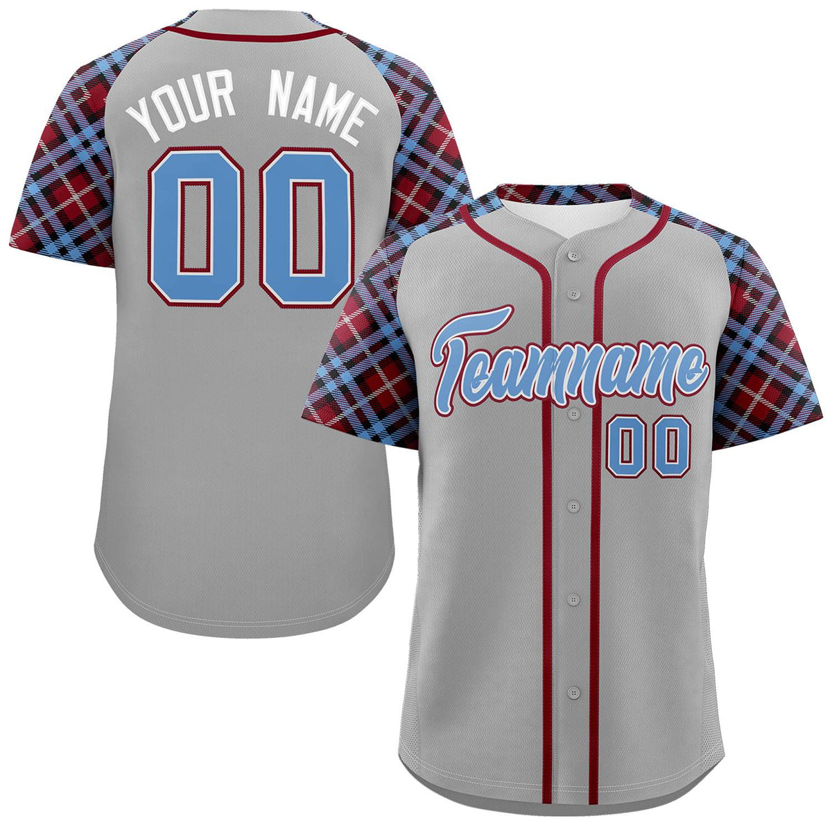 Custom Gray Light Blue-Crimson Personalized Raglan Sleeves Authentic Baseball Jersey | KXKSHOP
