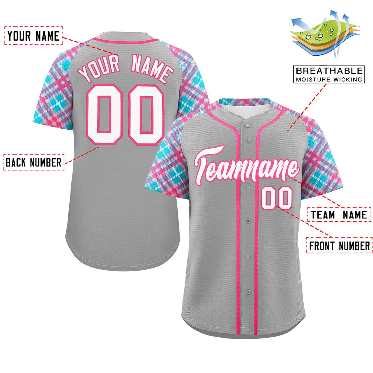 Custom Gray White-Pink Personalized Raglan Sleeves Authentic Baseball Jersey | KXKSHOP