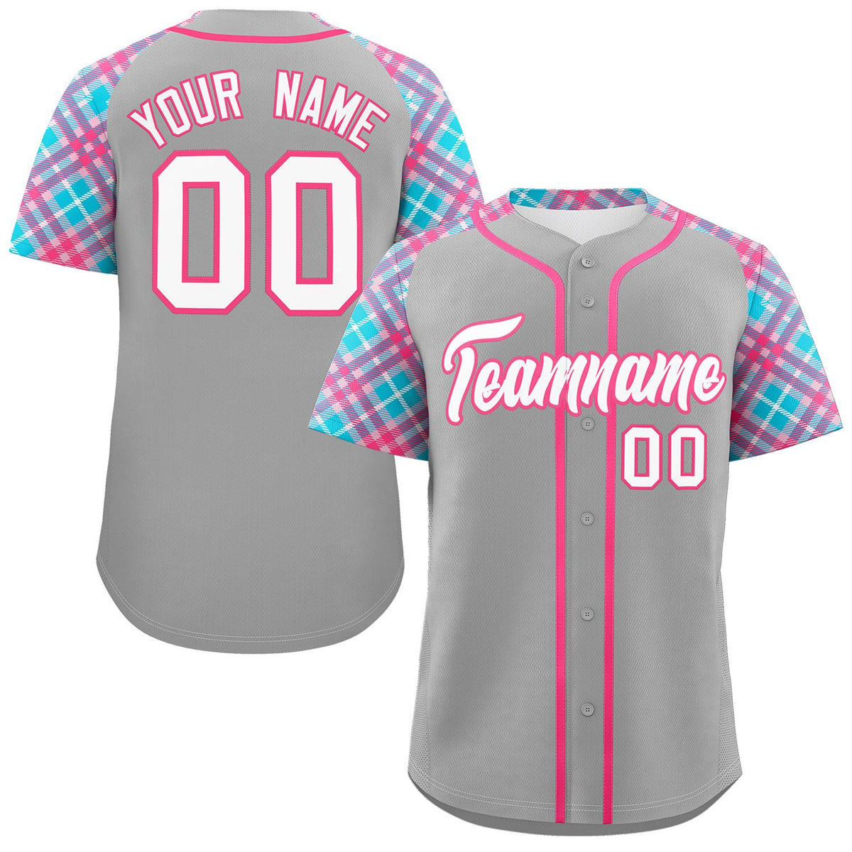 Custom Gray White-Pink Personalized Raglan Sleeves Authentic Baseball Jersey | KXKSHOP