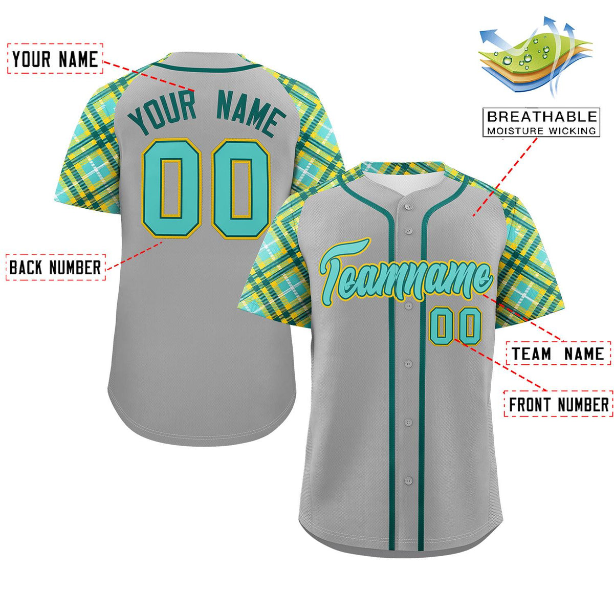 Custom Gray Green-Gold Personalized Raglan Sleeves Authentic Baseball Jersey | KXKSHOP