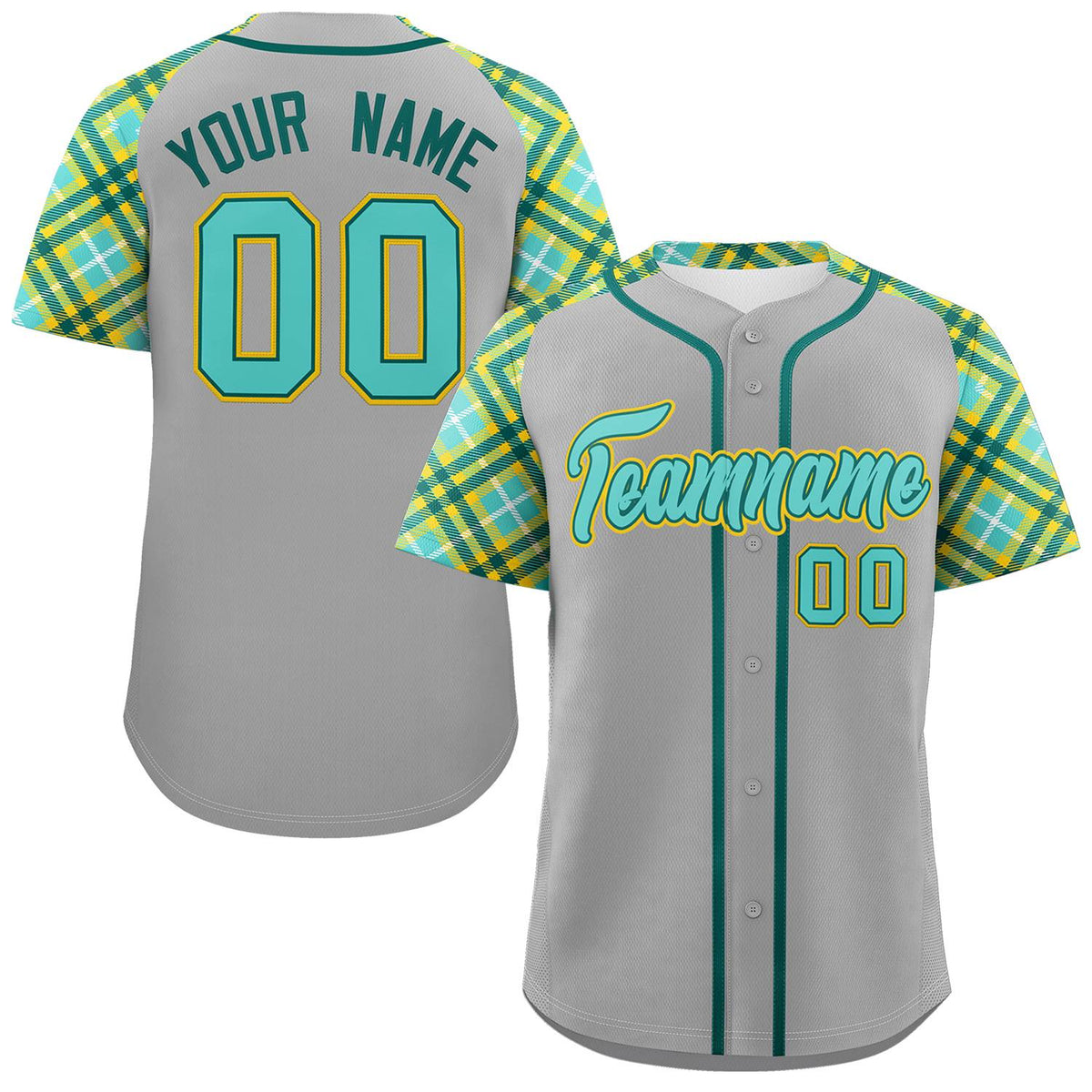 Custom Gray Green-Gold Personalized Raglan Sleeves Authentic Baseball Jersey | KXKSHOP
