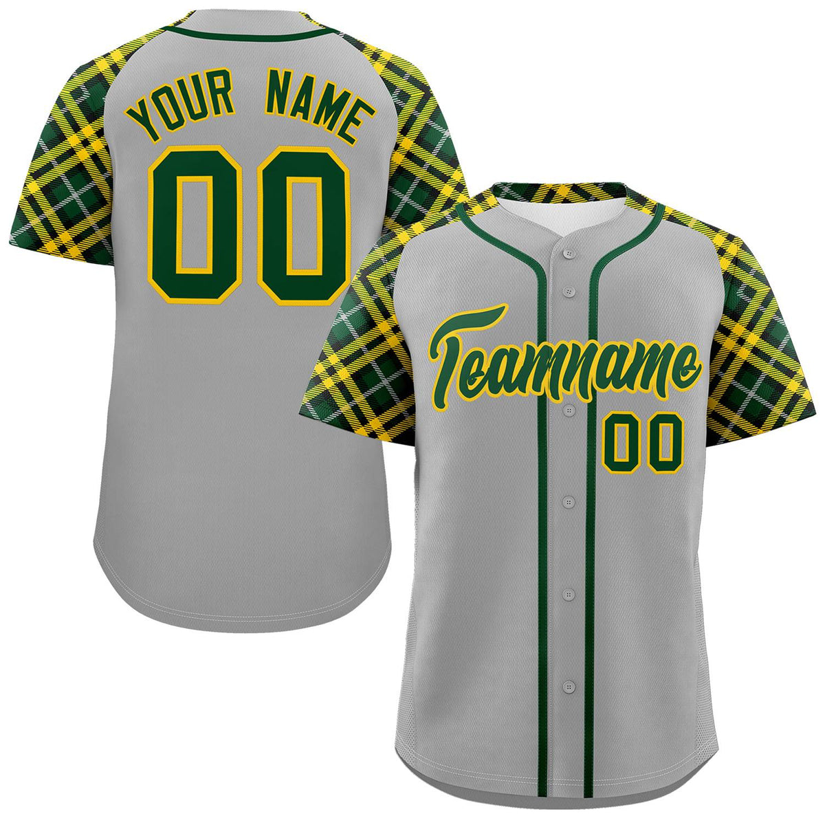 Custom Gray Green-Gold Personalized Raglan Sleeves Authentic Baseball Jersey | KXKSHOP