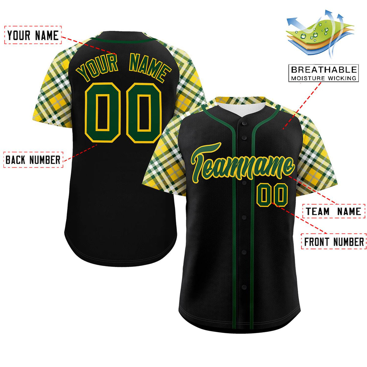 Custom Black Green-Gold Personalized Raglan Sleeves Authentic Baseball Jersey | KXKSHOP