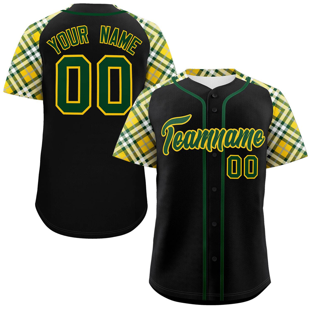 Custom Black Green-Gold Personalized Raglan Sleeves Authentic Baseball Jersey | KXKSHOP