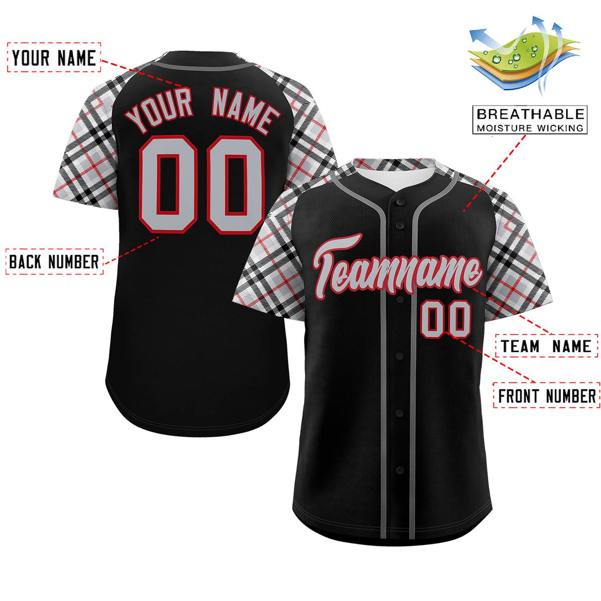 Custom Black Gray-Red Personalized Raglan Sleeves Authentic Baseball Jersey | KXKSHOP