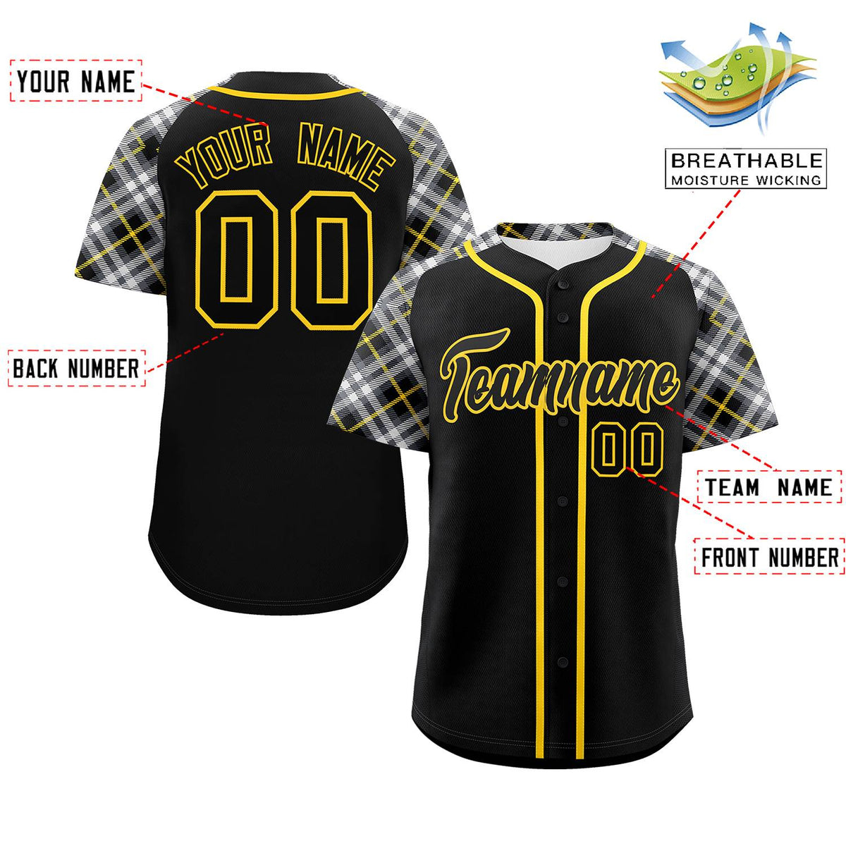 Custom Black Black-Gold Personalized Raglan Sleeves Authentic Baseball Jersey | KXKSHOP