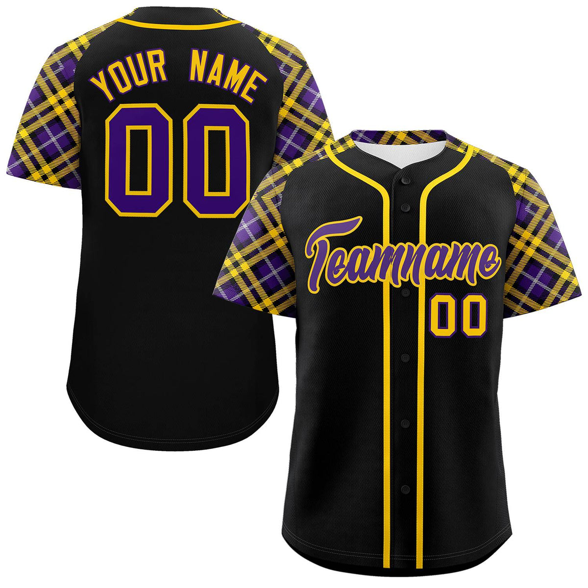 Custom Black Purple-Gold Personalized Raglan Sleeves Authentic Baseball Jersey | KXKSHOP