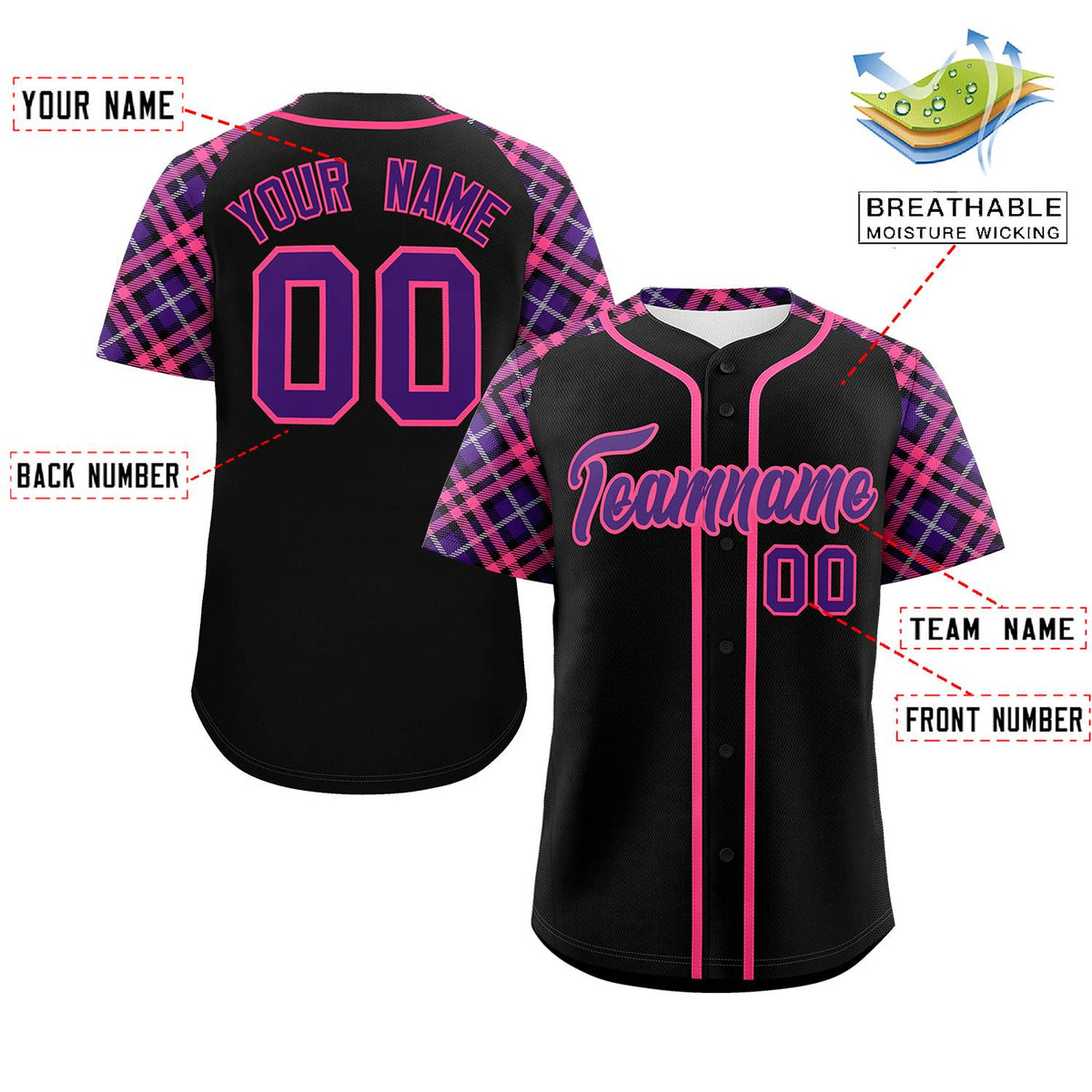 Custom Black Purple-Pink Personalized Raglan Sleeves Authentic Baseball Jersey | KXKSHOP