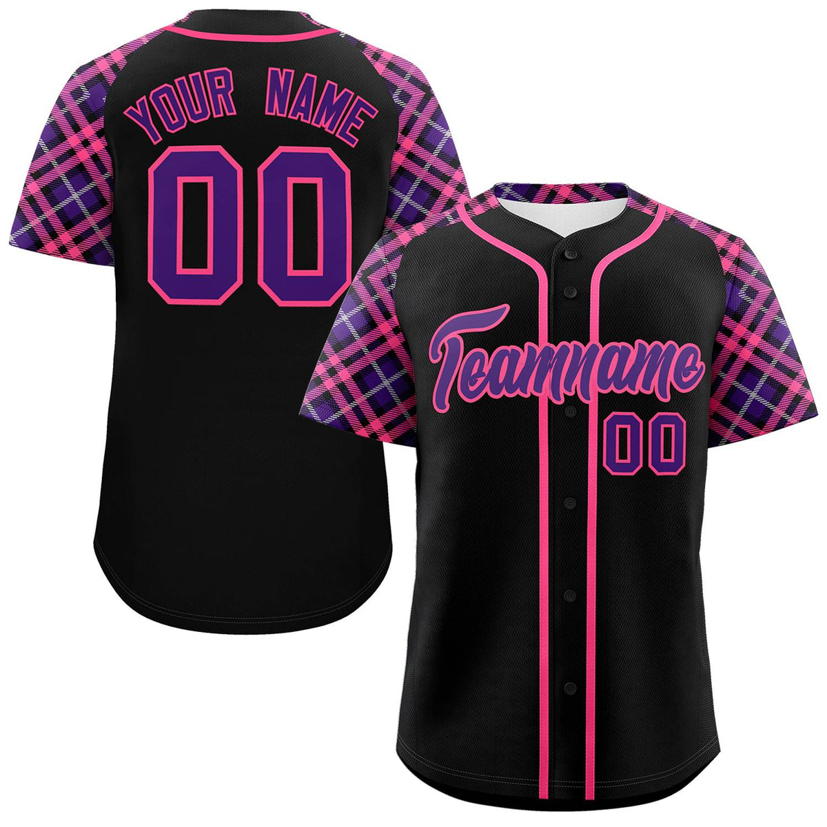 Custom Black Purple-Pink Personalized Raglan Sleeves Authentic Baseball Jersey | KXKSHOP