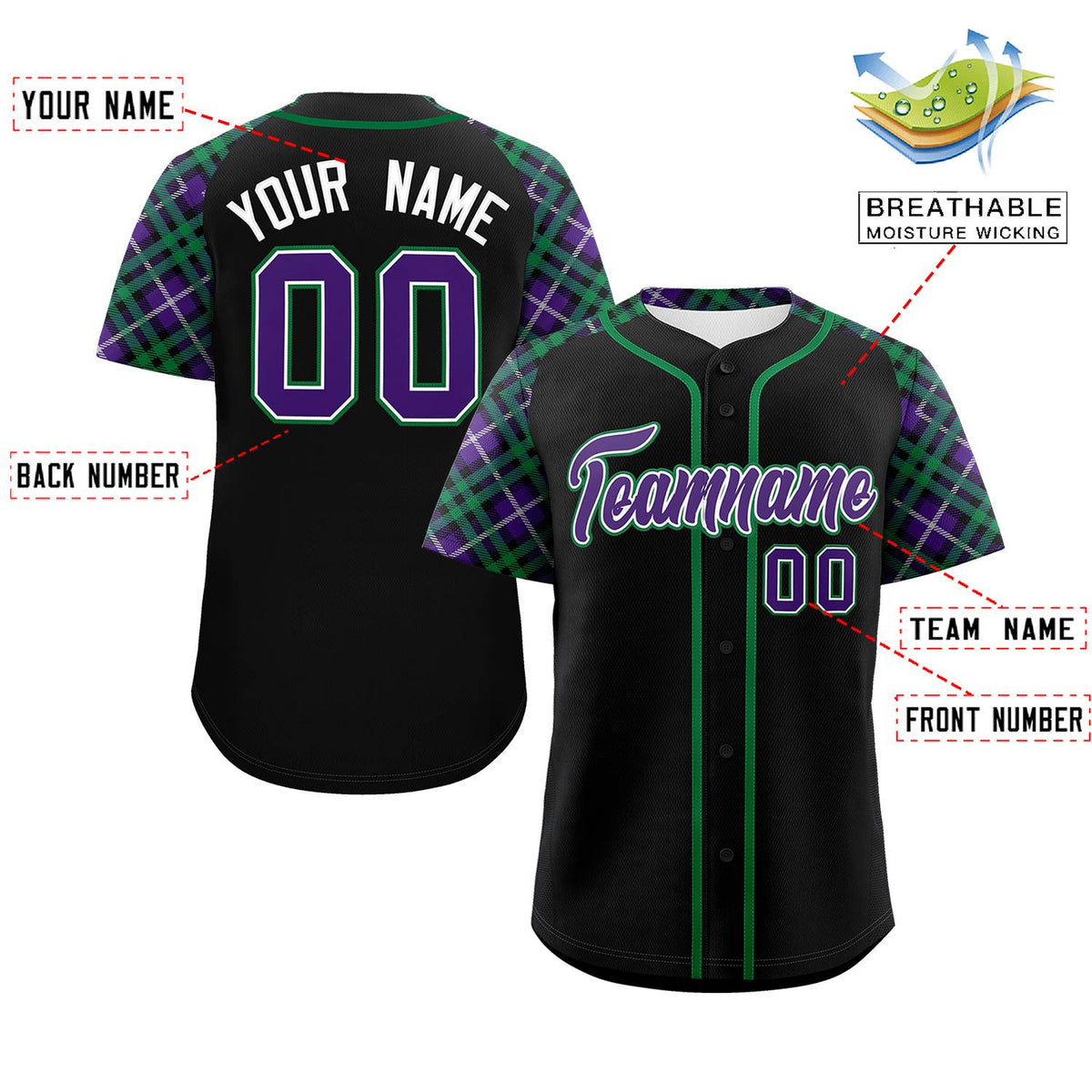 Custom Black Purple-Teal Personalized Raglan Sleeves Authentic Baseball Jersey | KXKSHOP