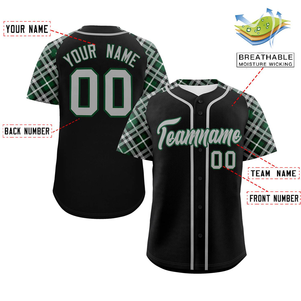 Custom Black Gray-Green Personalized Raglan Sleeves Authentic Baseball Jersey | KXKSHOP