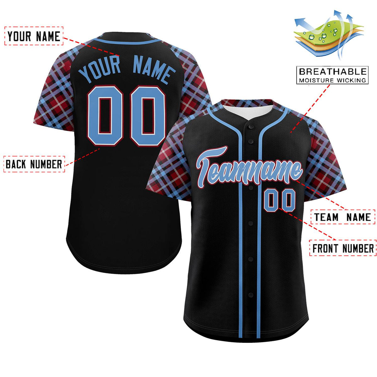 Custom Black Light Blue-Crimson Personalized Raglan Sleeves Authentic Baseball Jersey | KXKSHOP