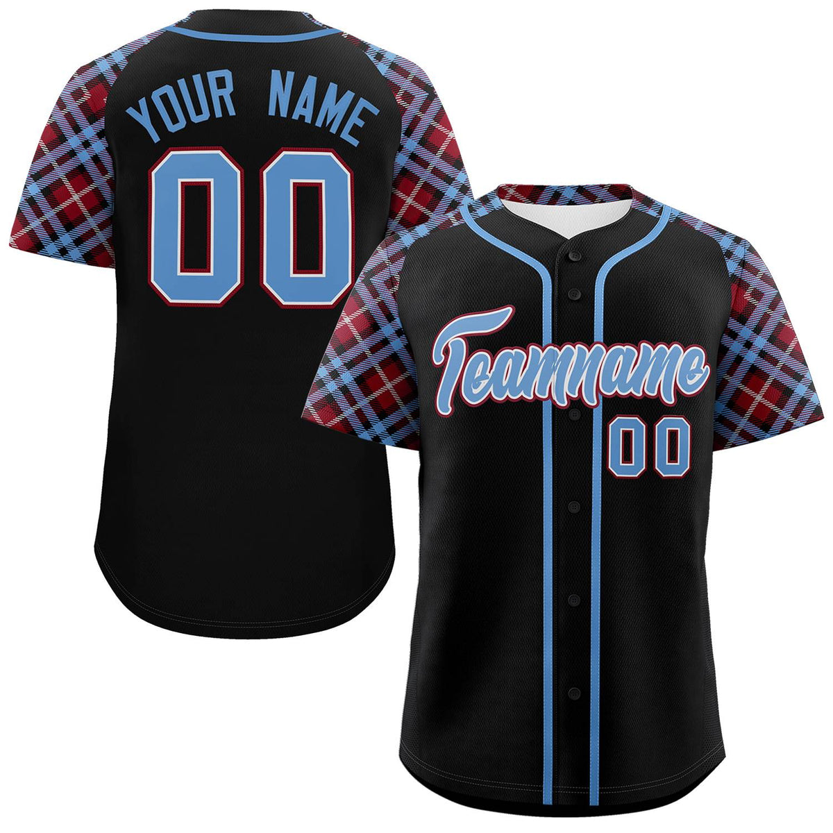 Custom Black Light Blue-Crimson Personalized Raglan Sleeves Authentic Baseball Jersey | KXKSHOP