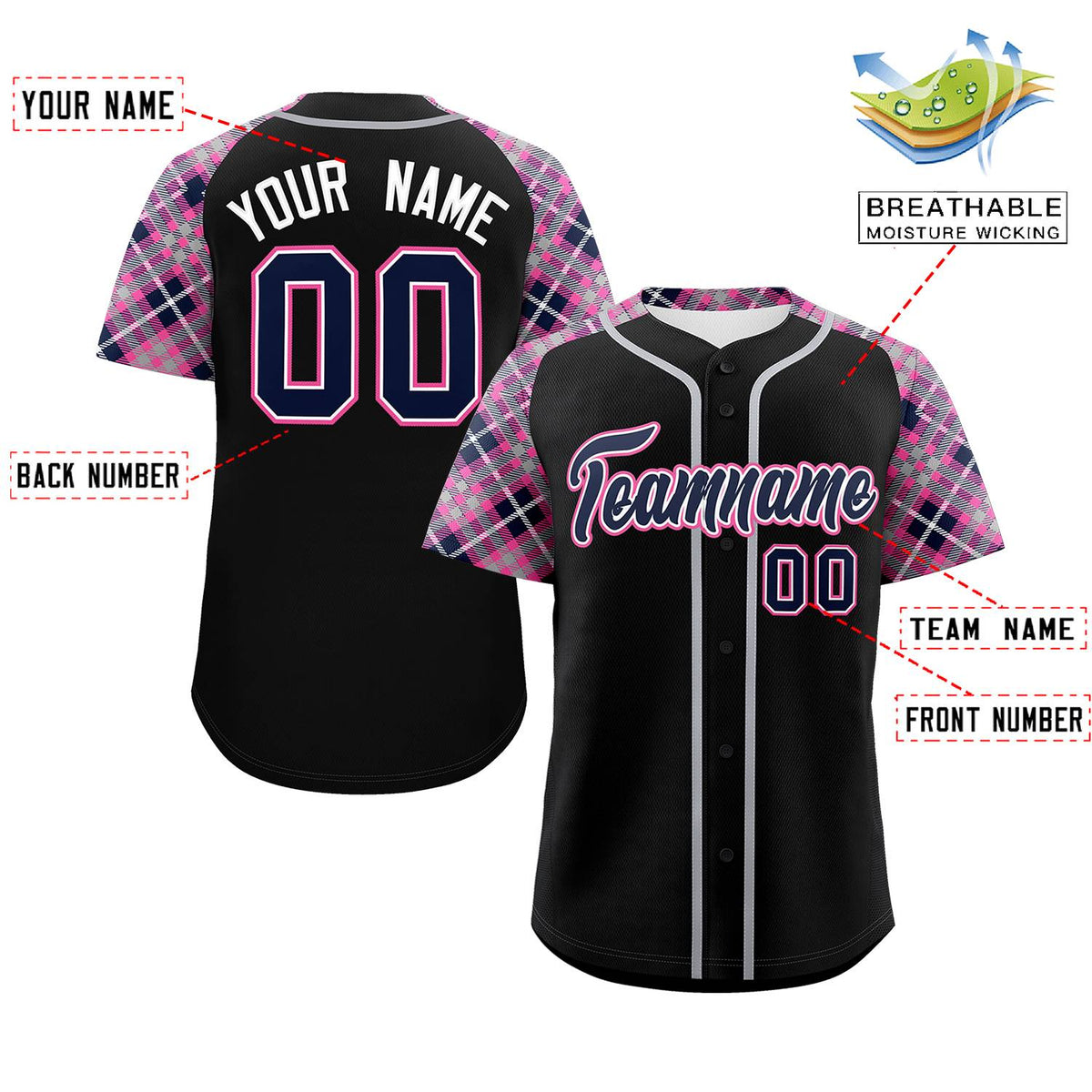 Custom Black Navy-Pink Personalized Raglan Sleeves Authentic Baseball Jersey | KXKSHOP