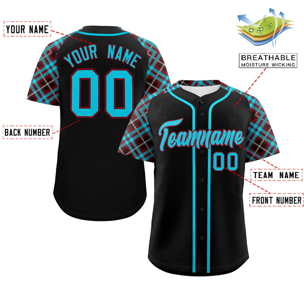 Custom Black Sky Blue-Crimson Personalized Raglan Sleeves Authentic Baseball Jersey | KXKSHOP