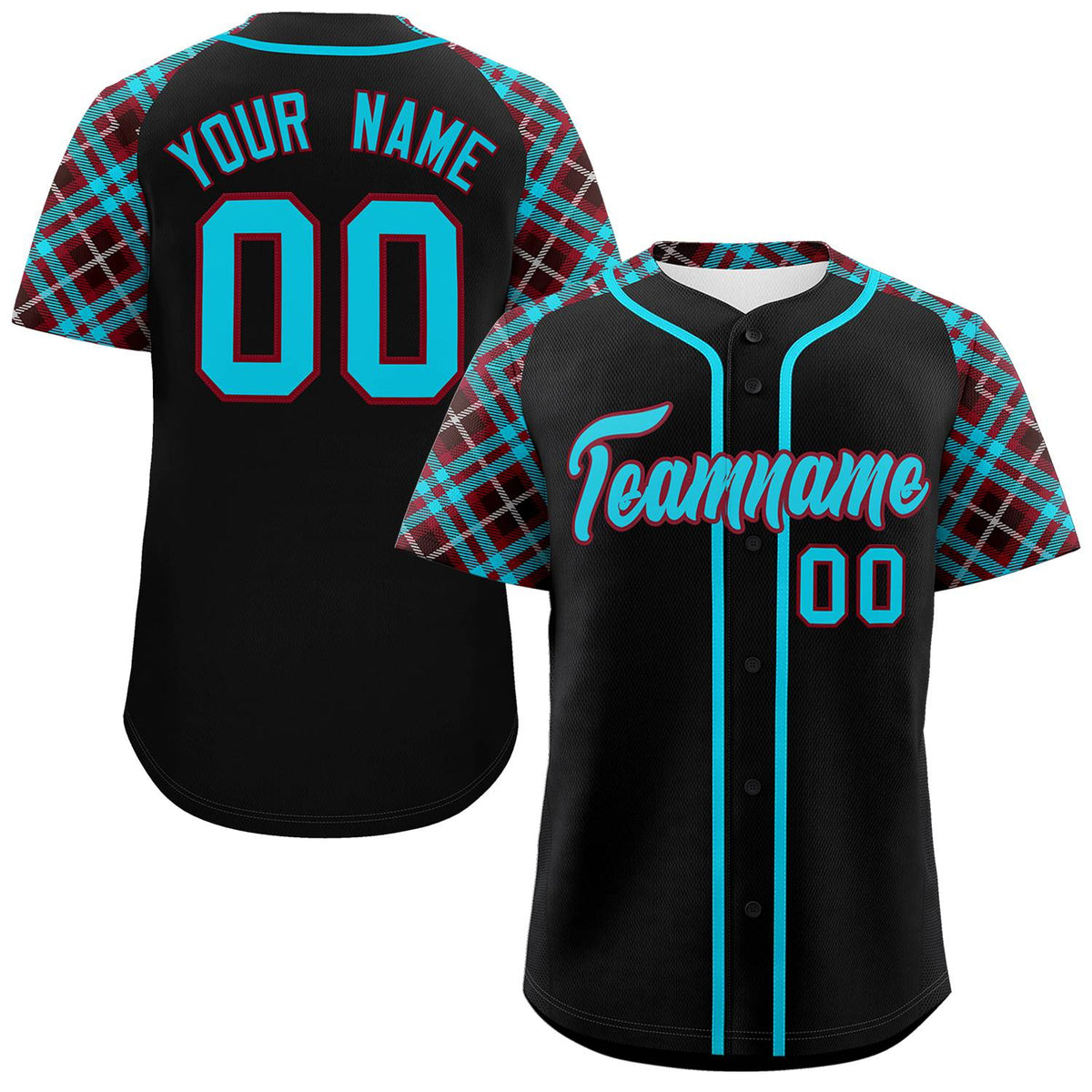 Custom Black Sky Blue-Crimson Personalized Raglan Sleeves Authentic Baseball Jersey | KXKSHOP