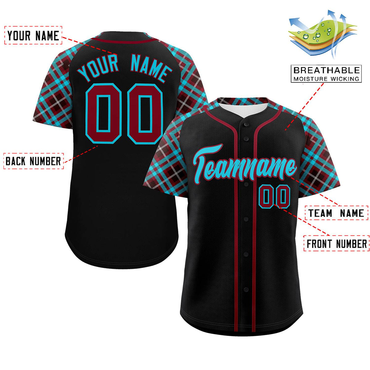 Custom Black Sky Blue-Crimson Personalized Raglan Sleeves Authentic Baseball Jersey | KXKSHOP