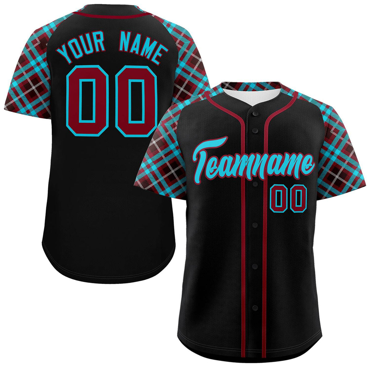 Custom Black Sky Blue-Crimson Personalized Raglan Sleeves Authentic Baseball Jersey | KXKSHOP