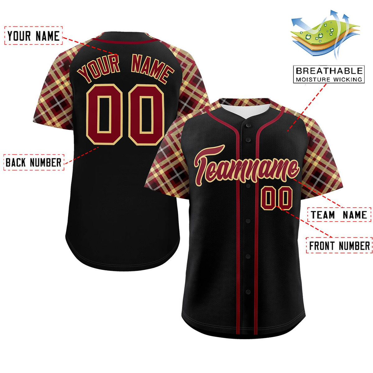 Custom Black Crimson-Old Gold Personalized Raglan Sleeves Authentic Baseball Jersey | KXKSHOP