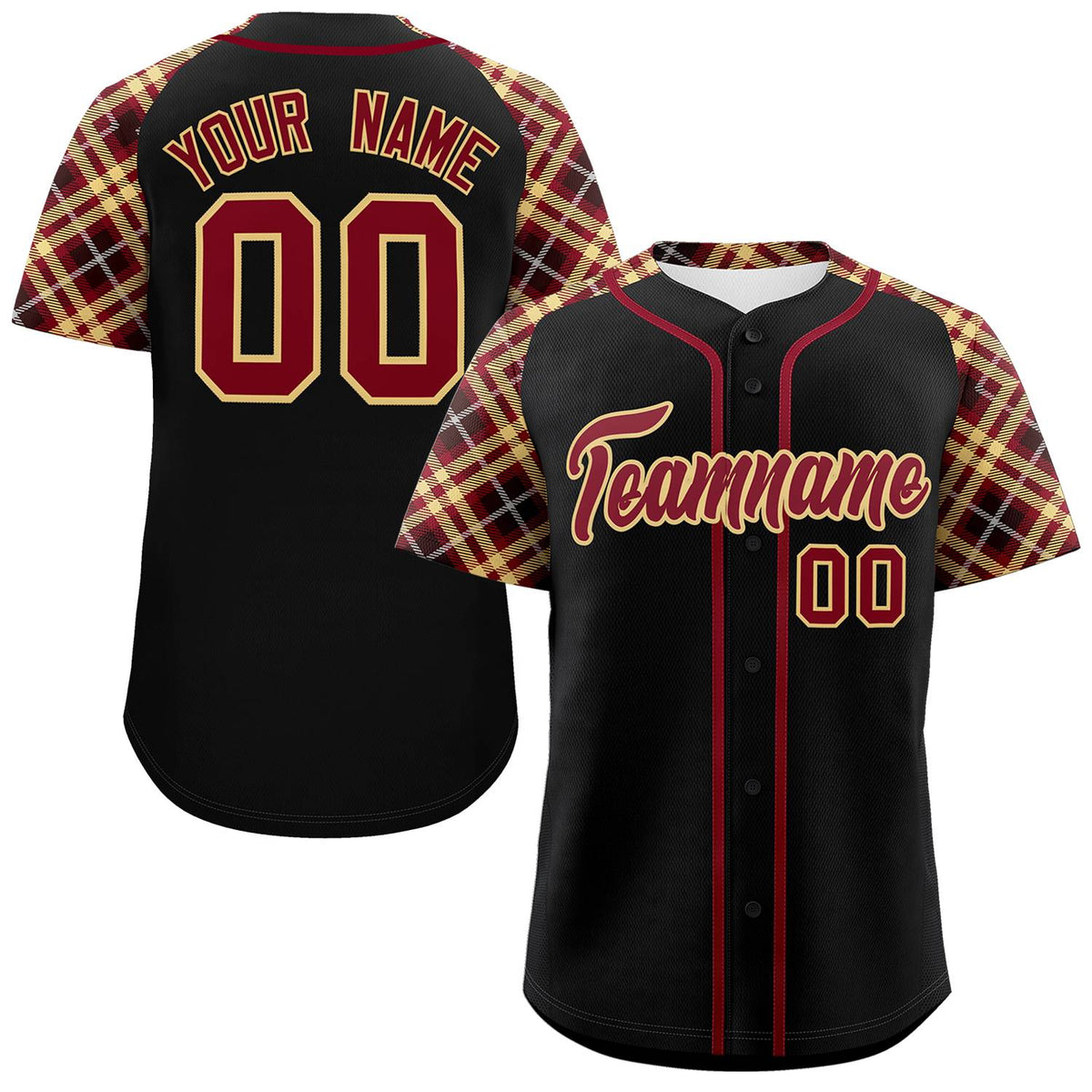 Custom Black Crimson-Old Gold Personalized Raglan Sleeves Authentic Baseball Jersey | KXKSHOP
