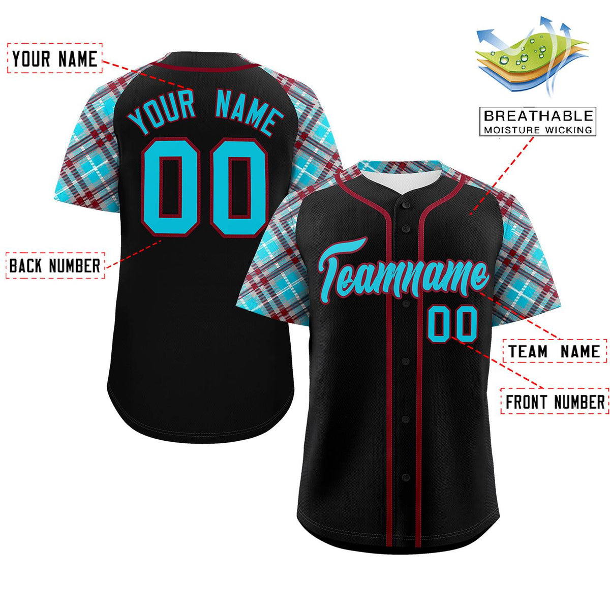 Custom Black Sky Blue-Crimson Personalized Raglan Sleeves Authentic Baseball Jersey | KXKSHOP