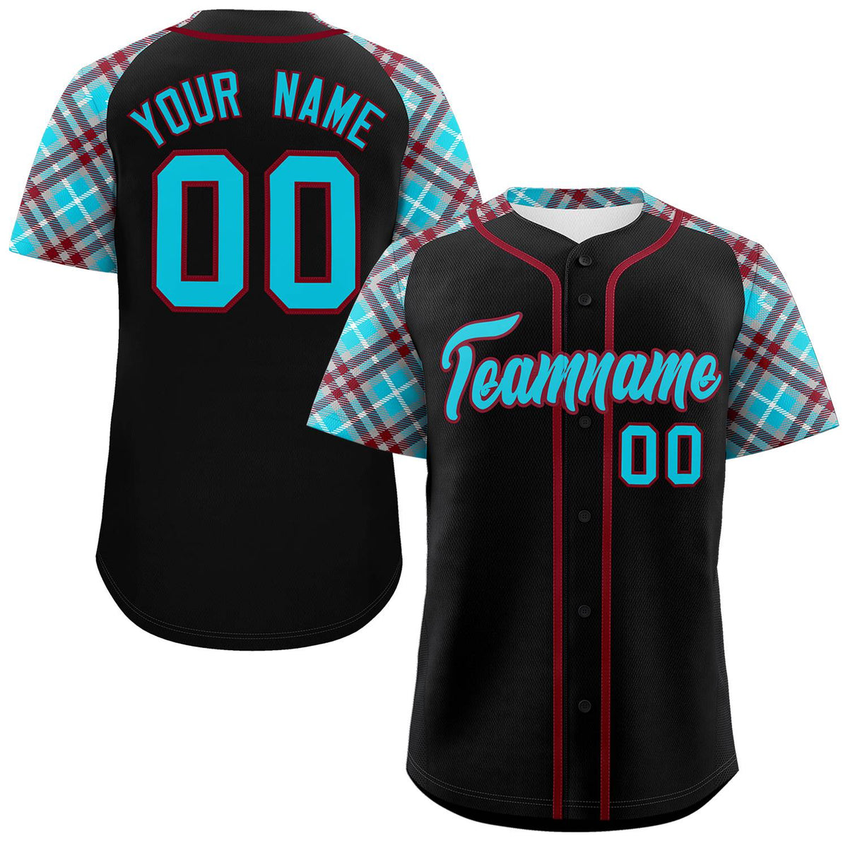Custom Black Sky Blue-Crimson Personalized Raglan Sleeves Authentic Baseball Jersey | KXKSHOP