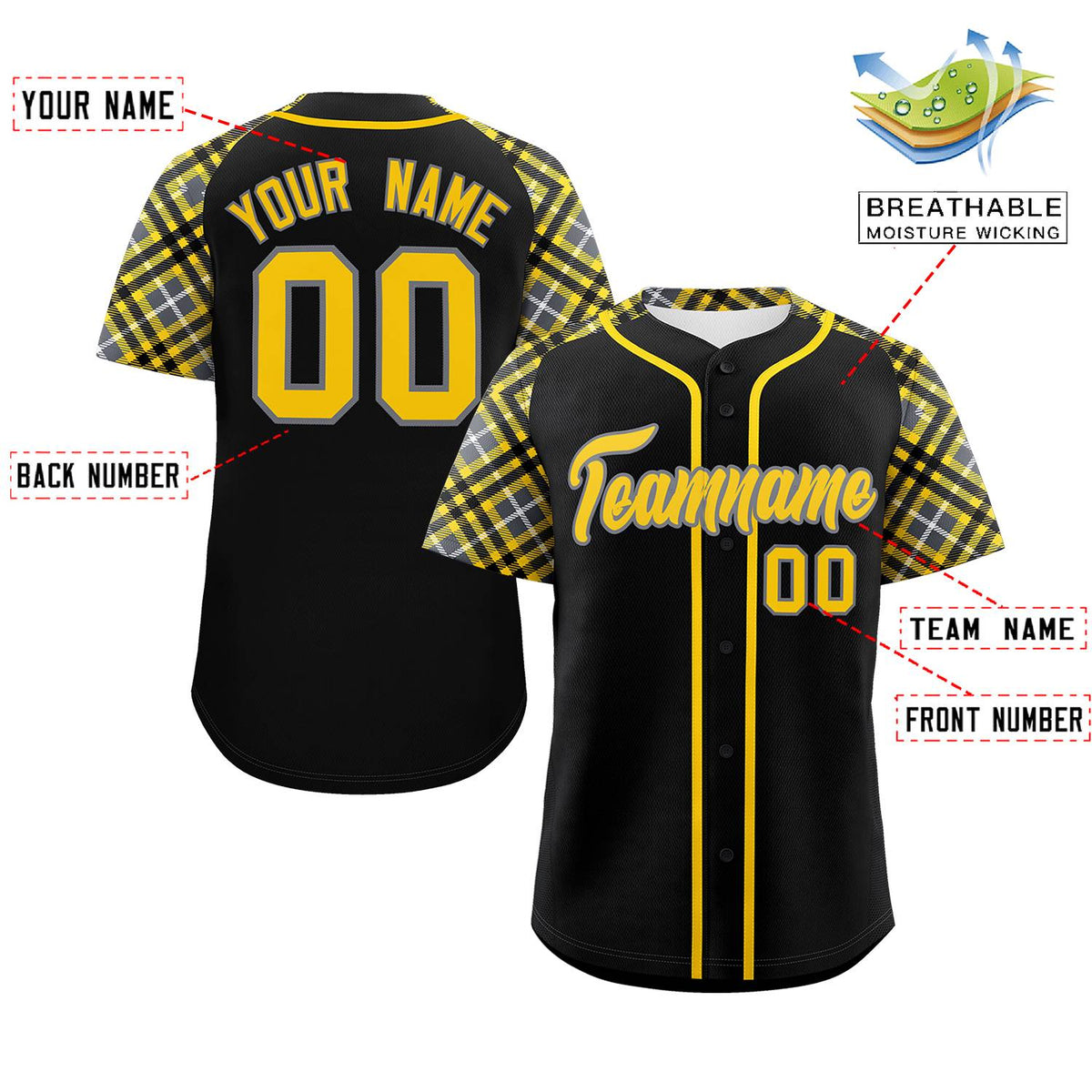 Custom Black Gold-Gray Personalized Raglan Sleeves Authentic Baseball Jersey | KXKSHOP