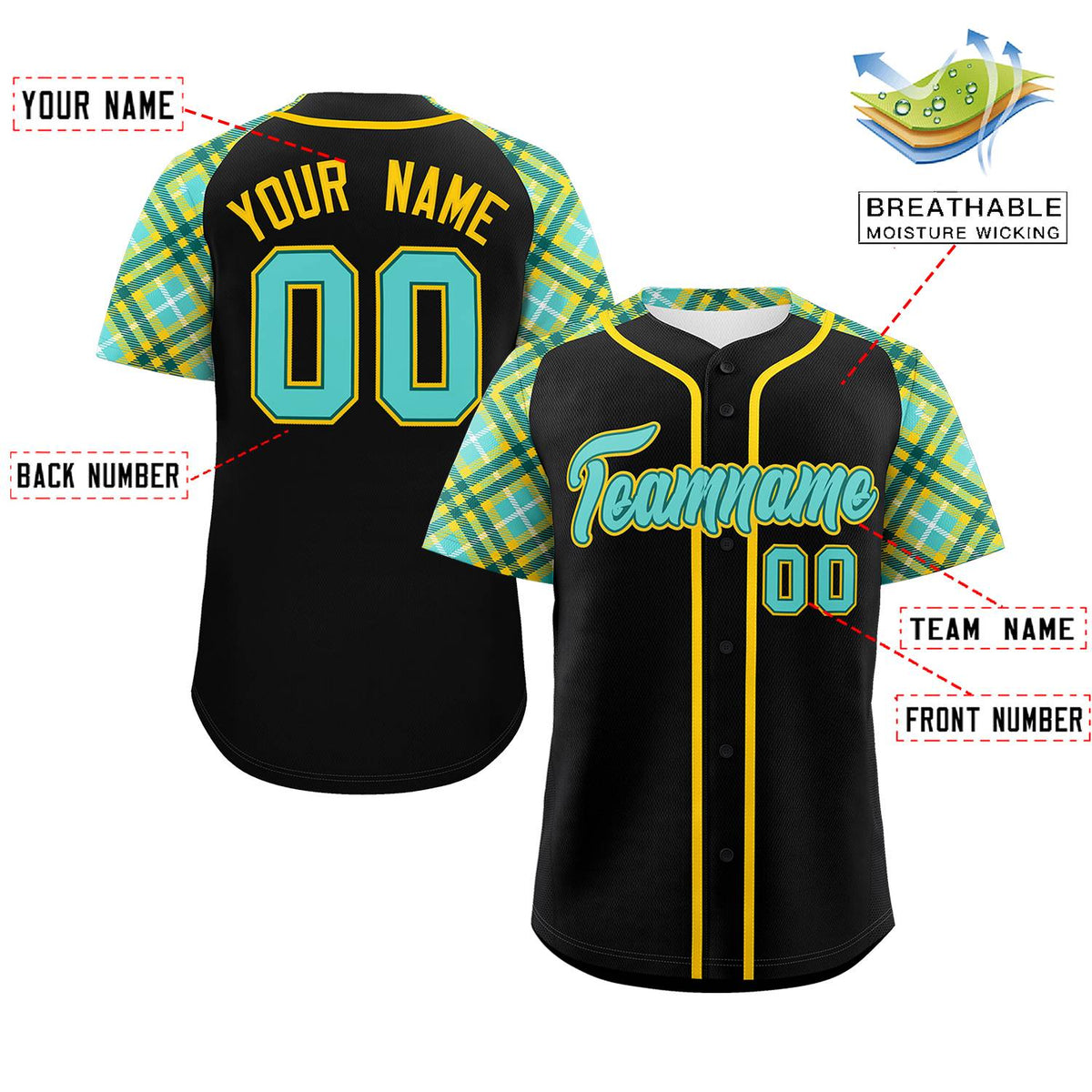 Custom Black Bright Green-Gold Personalized Raglan Sleeves Authentic Baseball Jersey | KXKSHOP