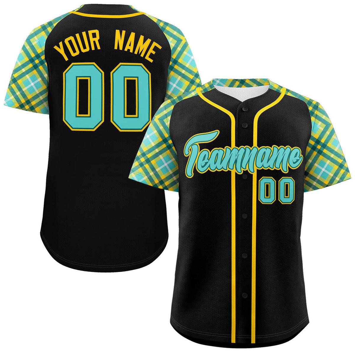 Custom Black Bright Green-Gold Personalized Raglan Sleeves Authentic Baseball Jersey | KXKSHOP