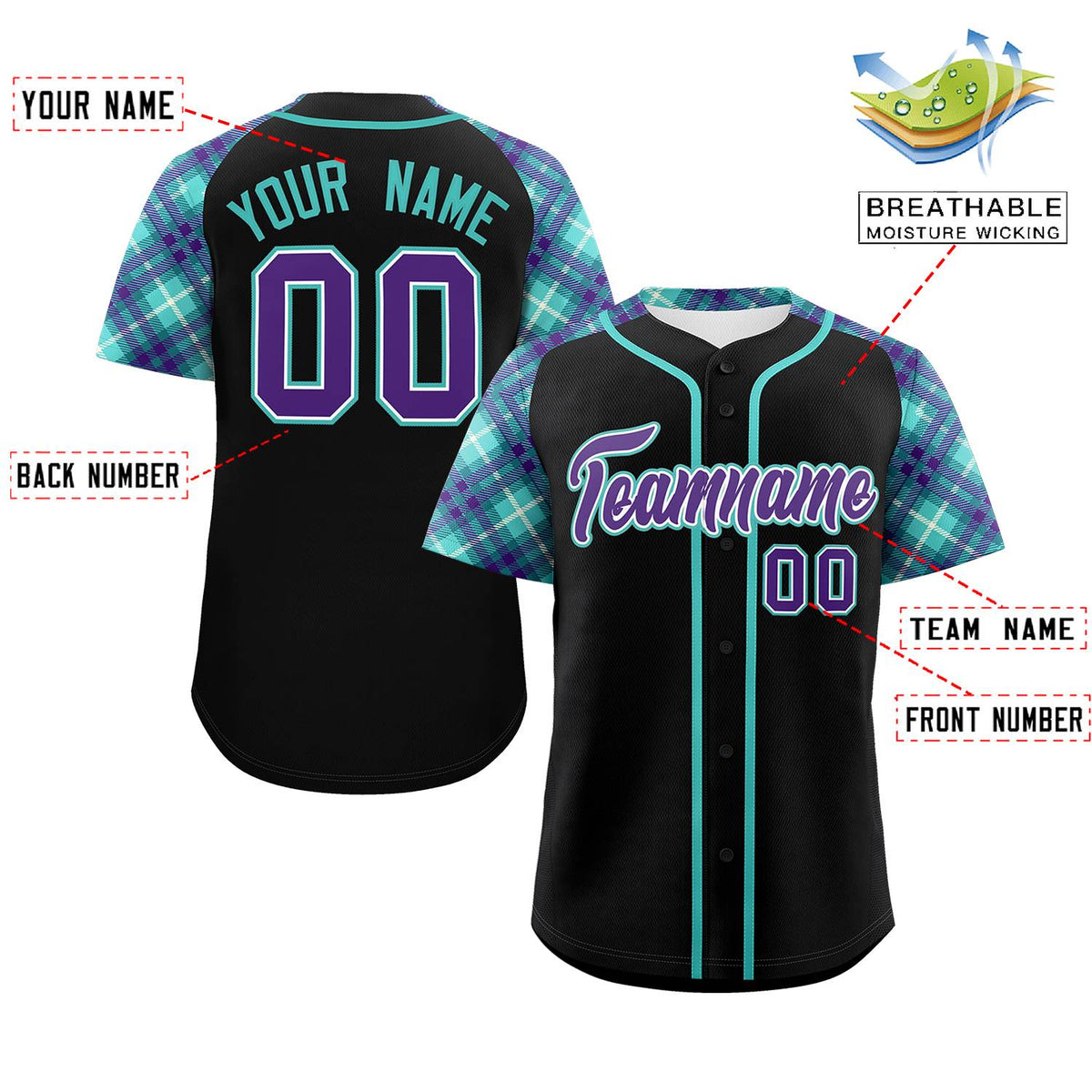 Custom Black Purple-Bright Green Personalized Raglan Sleeves Authentic Baseball Jersey | KXKSHOP