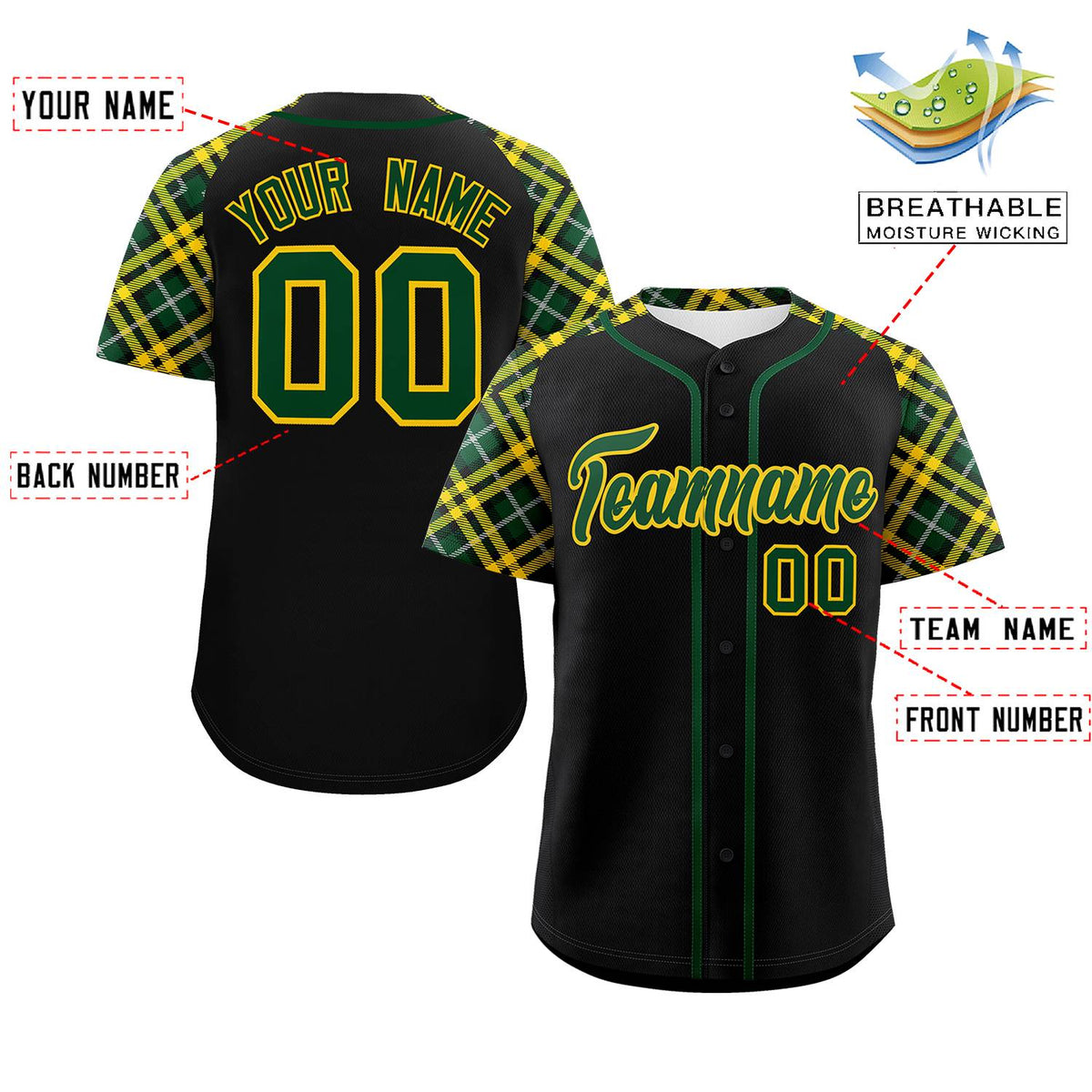 Custom Black Green-Gold Personalized Raglan Sleeves Authentic Baseball Jersey | KXKSHOP
