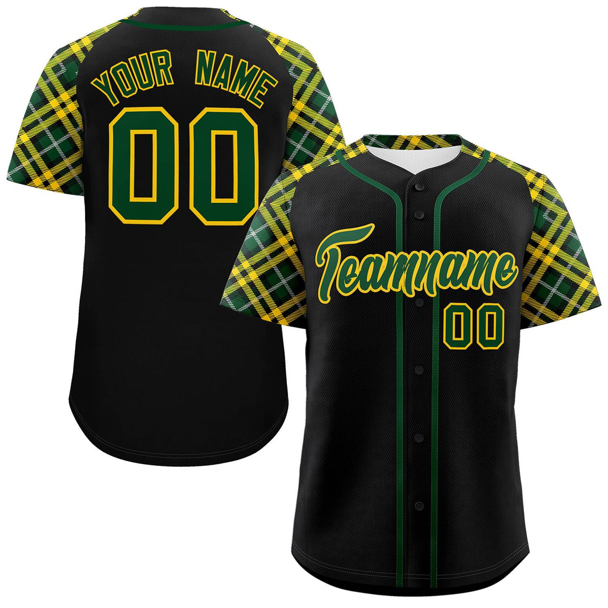 Custom Black Green-Gold Personalized Raglan Sleeves Authentic Baseball Jersey | KXKSHOP