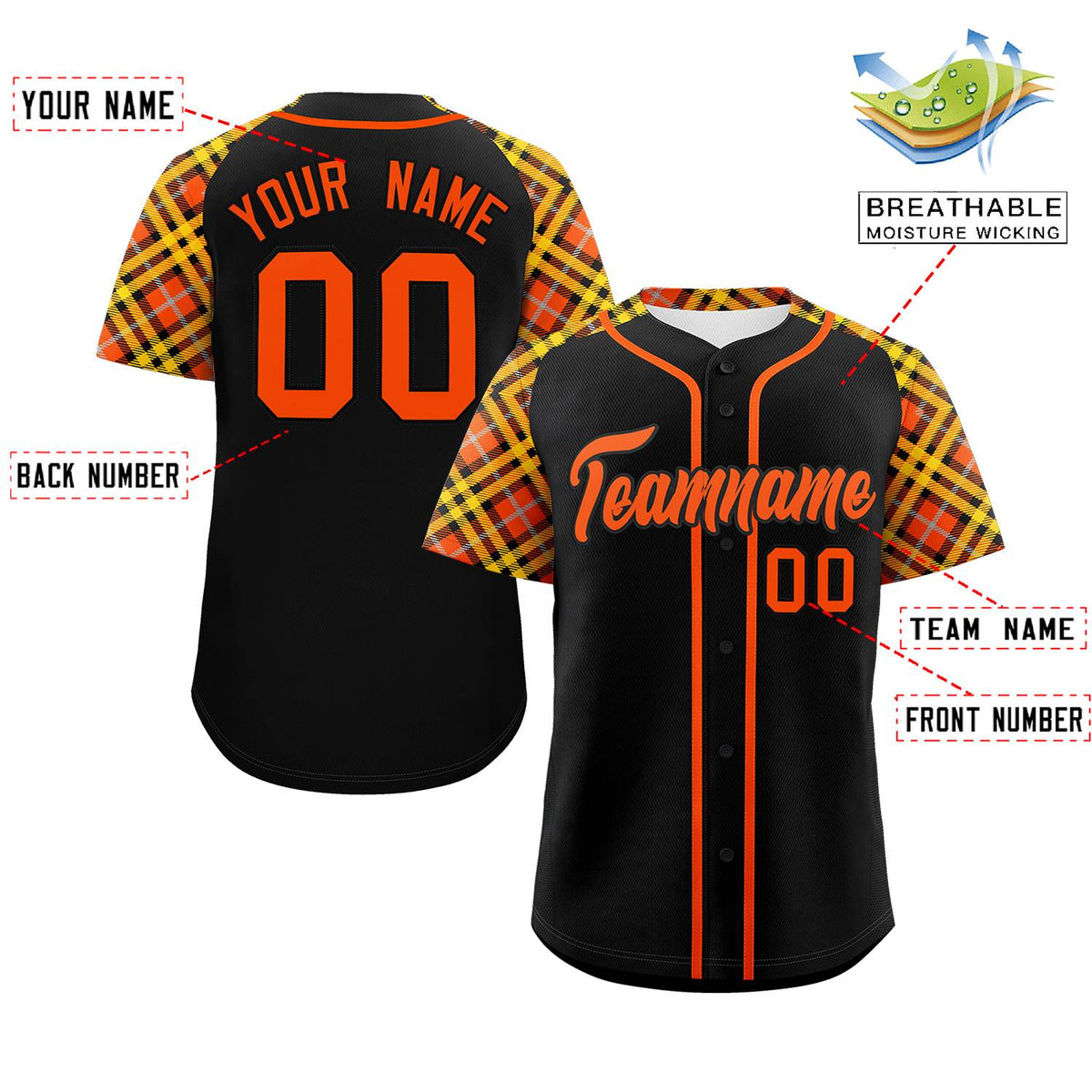 Custom Black Orange- Personalized Raglan Sleeves Authentic Baseball Jersey | KXKSHOP