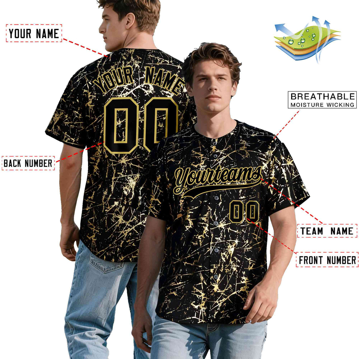 Custom Black Old Gold Black&Shiny Gold Cracked Foil Hip Hop Button Down Baseball Jersey