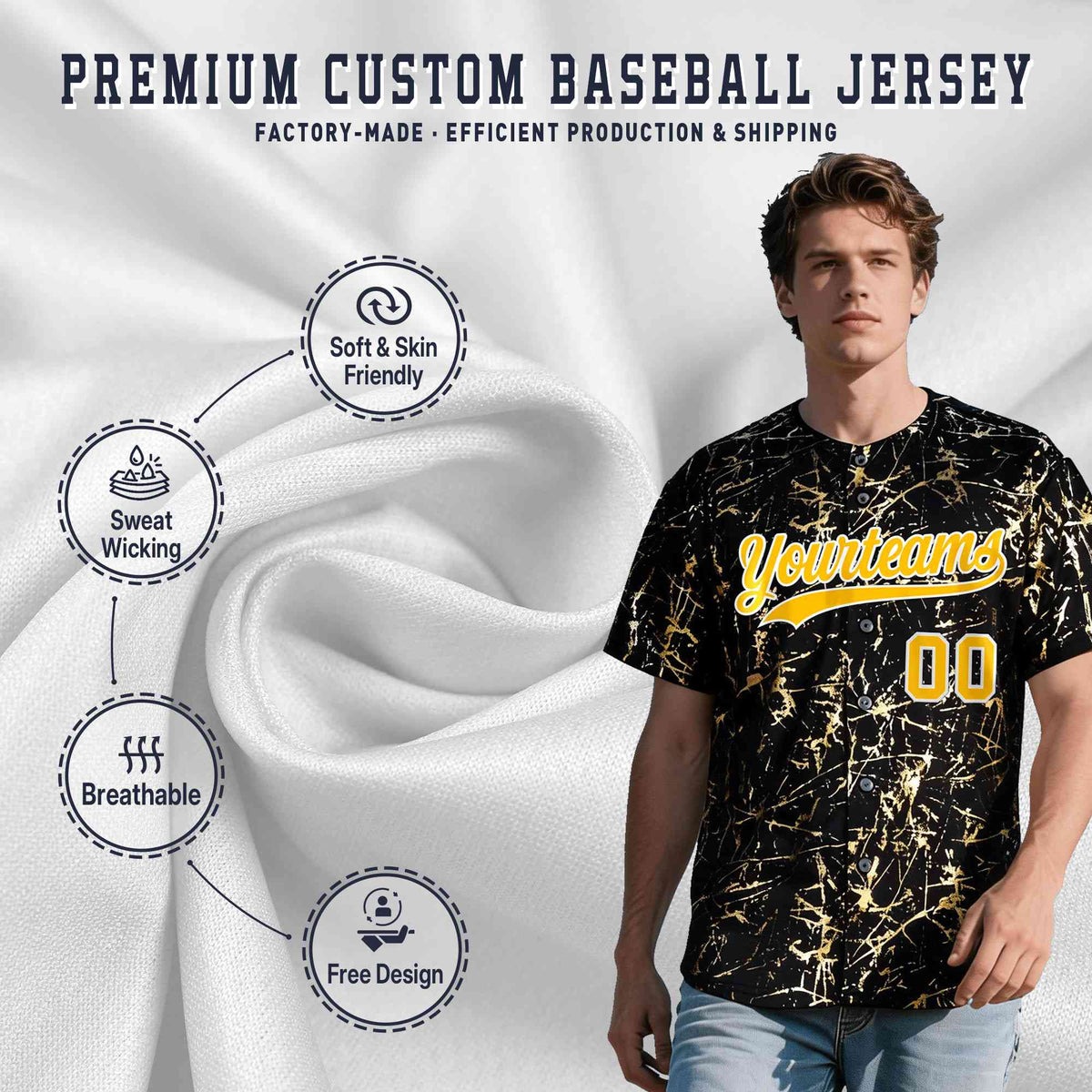 Custom Black Yellow Shiny Gold Cracked Texture Baseball Jersey