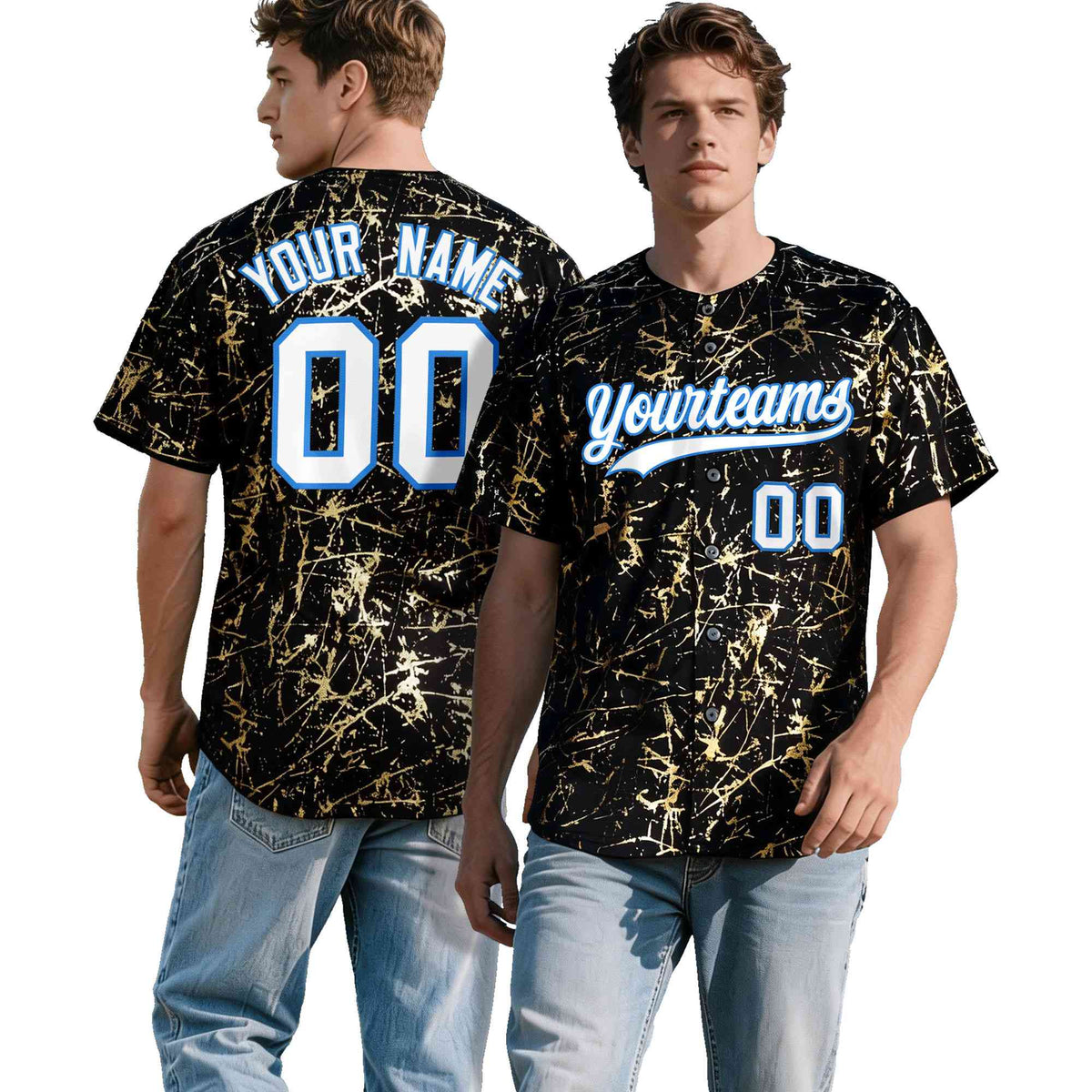 Custom Black White Black&Shiny Gold Cracked Foil Hip Hop Button Down Baseball Jersey