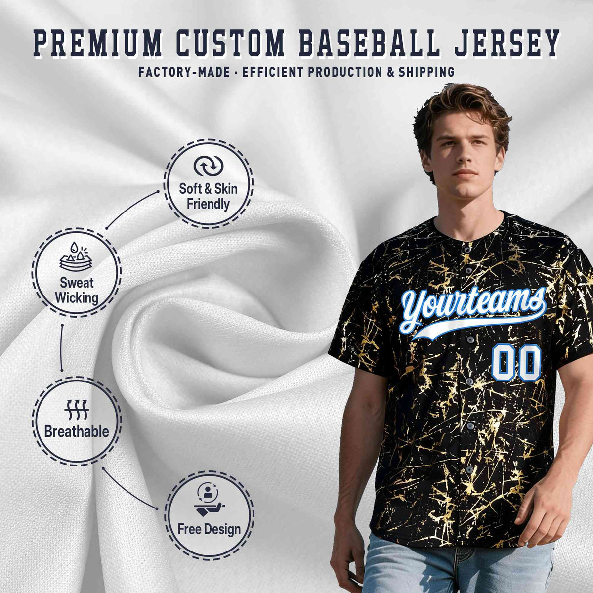 Custom Black White Black&Shiny Gold Cracked Foil Hip Hop Button Down Baseball Jersey