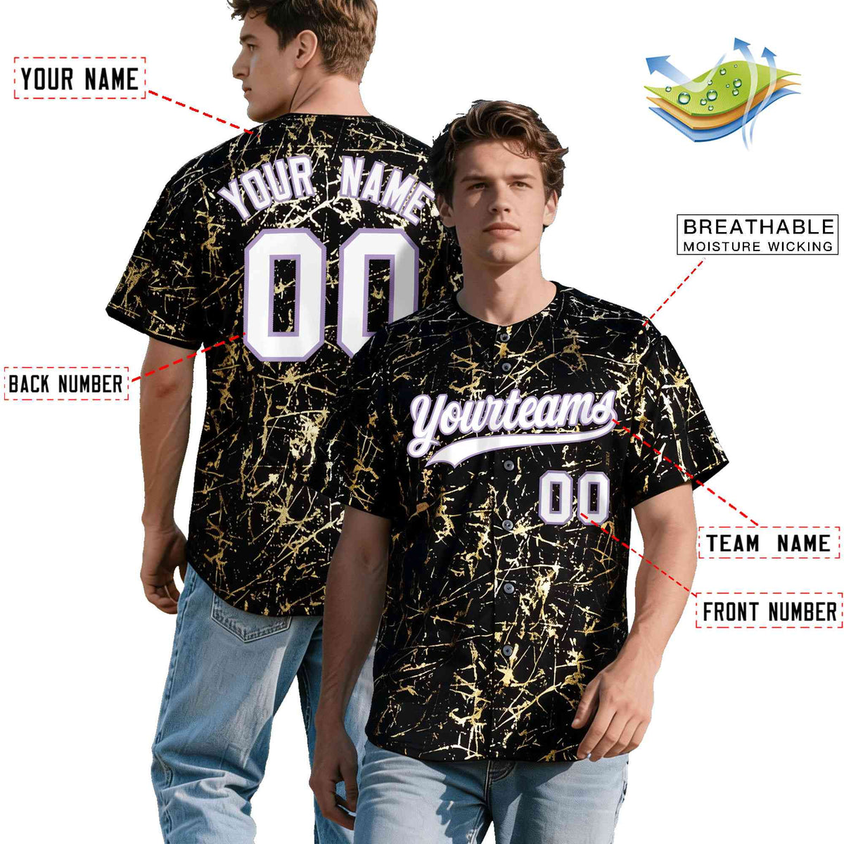 Custom Black White Black&Gold Marble Print Clubwear Party Streetwear Baseball Jersey