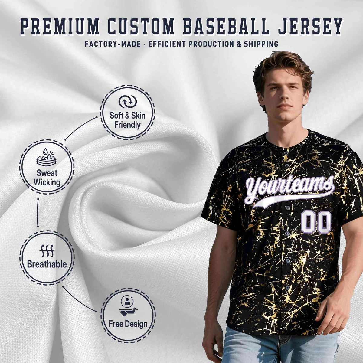 Custom Black White Black&Gold Marble Print Clubwear Party Streetwear Baseball Jersey