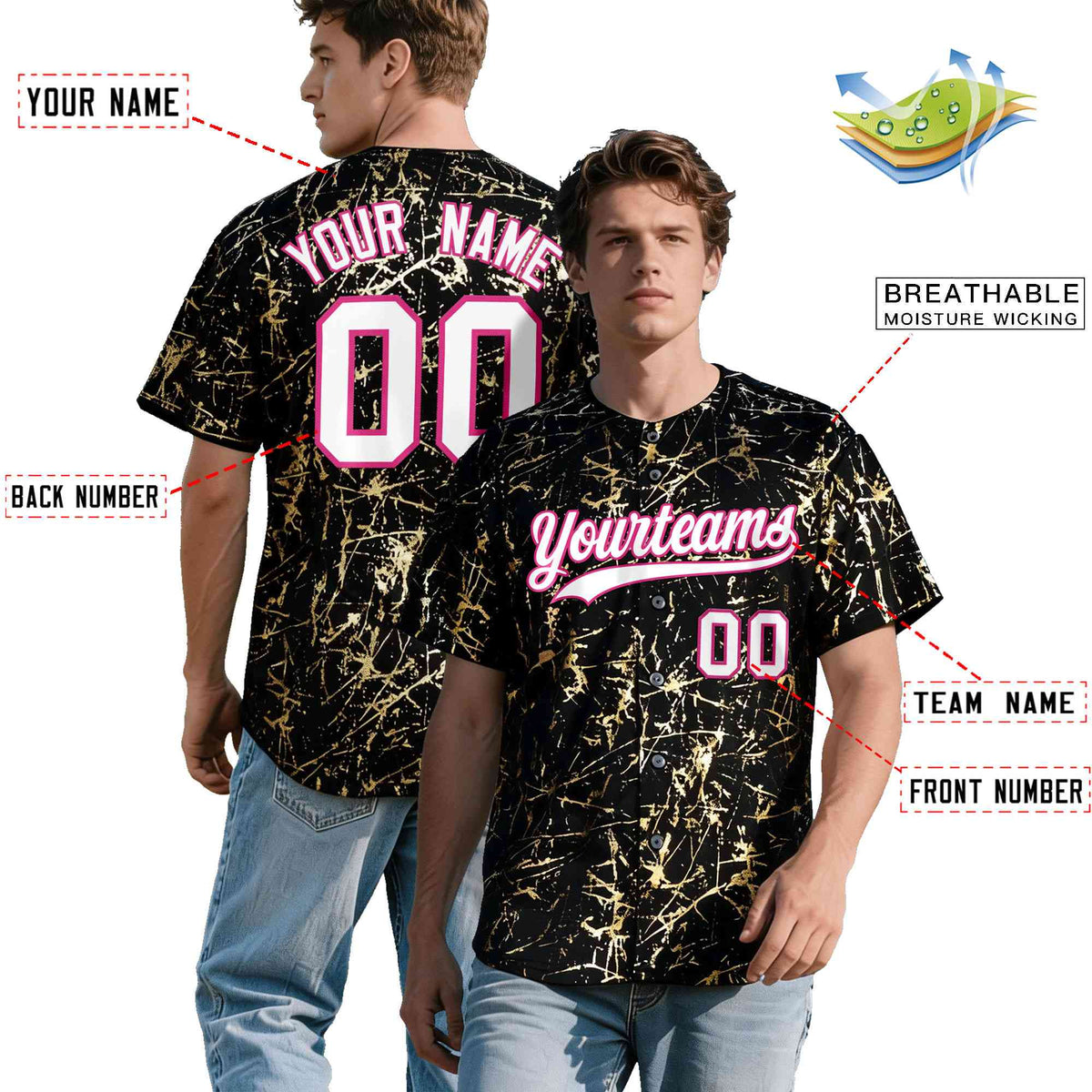 Custom Black White Black&Shiny Gold Cracked Foil Hip Hop Button Down Baseball Jersey