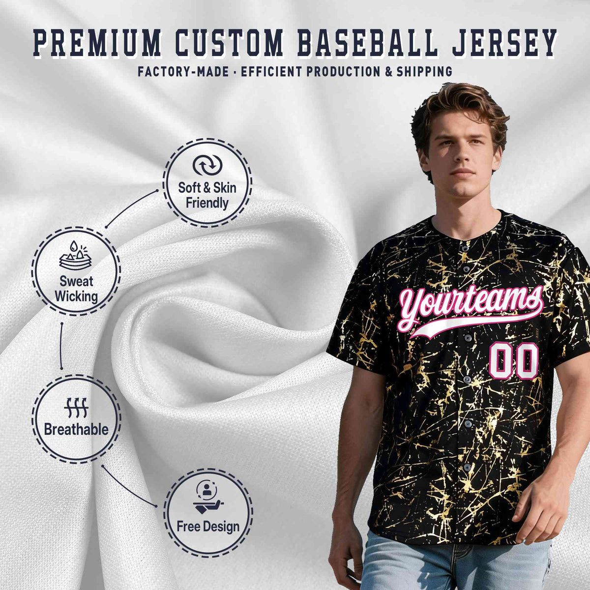 Custom Black White Black&Shiny Gold Cracked Foil Hip Hop Button Down Baseball Jersey