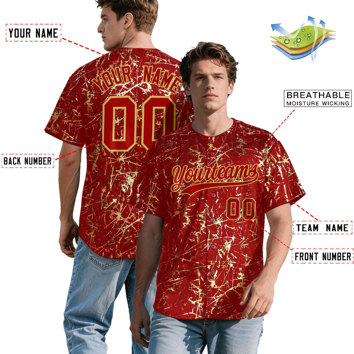 Custom Red Old Gold Metallic Gold Splatter Breathable&Wrinkle-Resistant Baseball Jersey