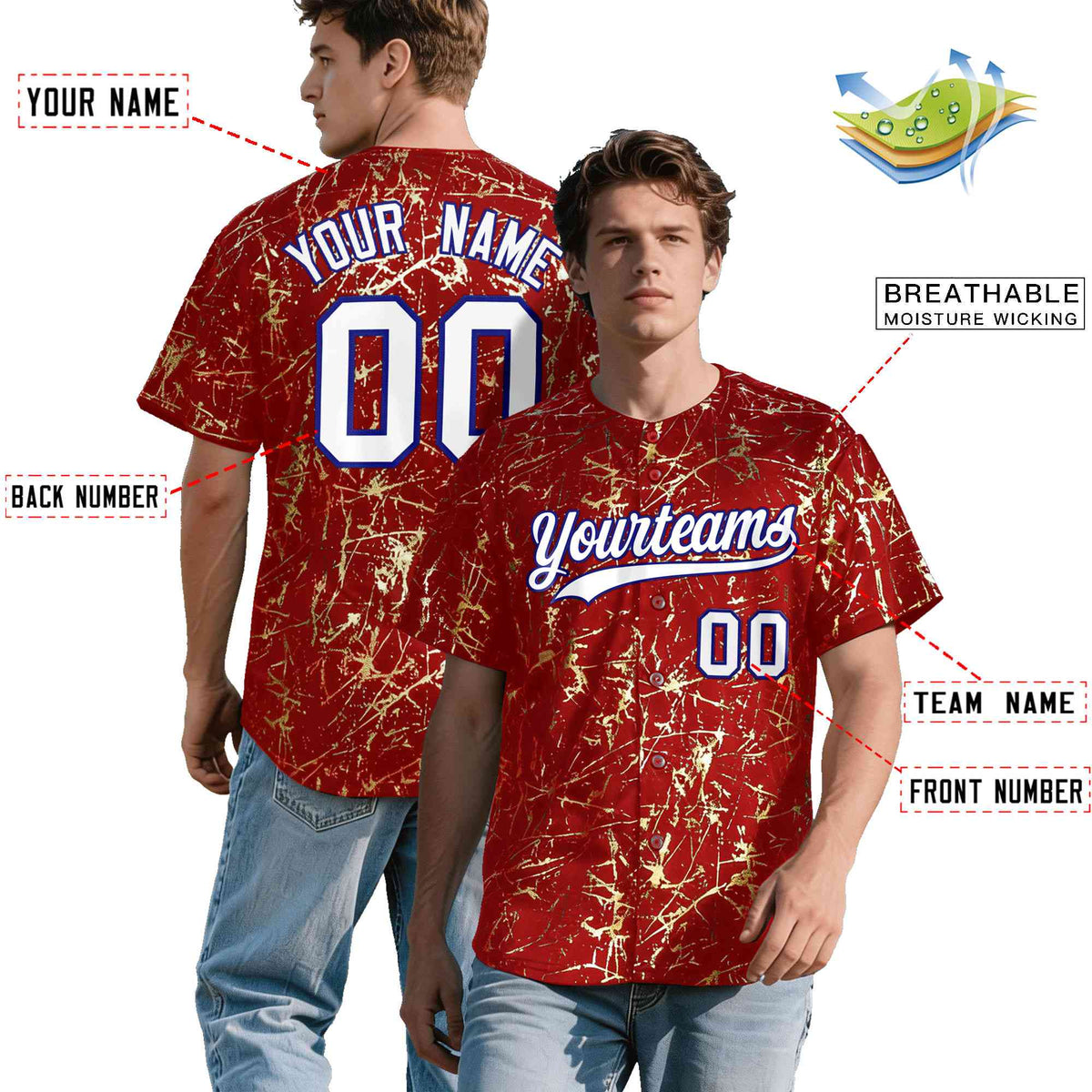 Custom Red White Black&Shiny Gold Cracked Foil Hip Hop Button Down Baseball Jersey