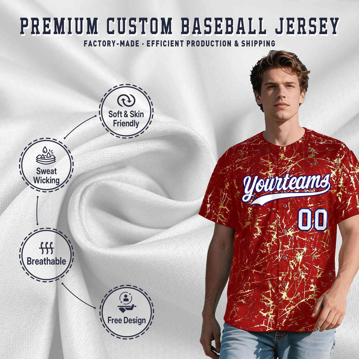 Custom Red White Black&Shiny Gold Cracked Foil Hip Hop Button Down Baseball Jersey