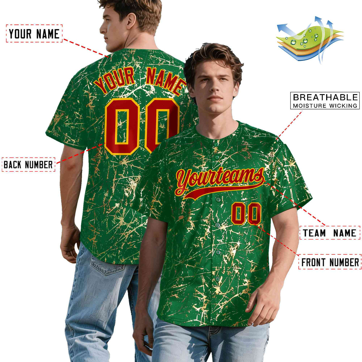 Custom Kelly Green Red Metallic Gold Splatter Breathable&Wrinkle-Resistant Baseball Jersey