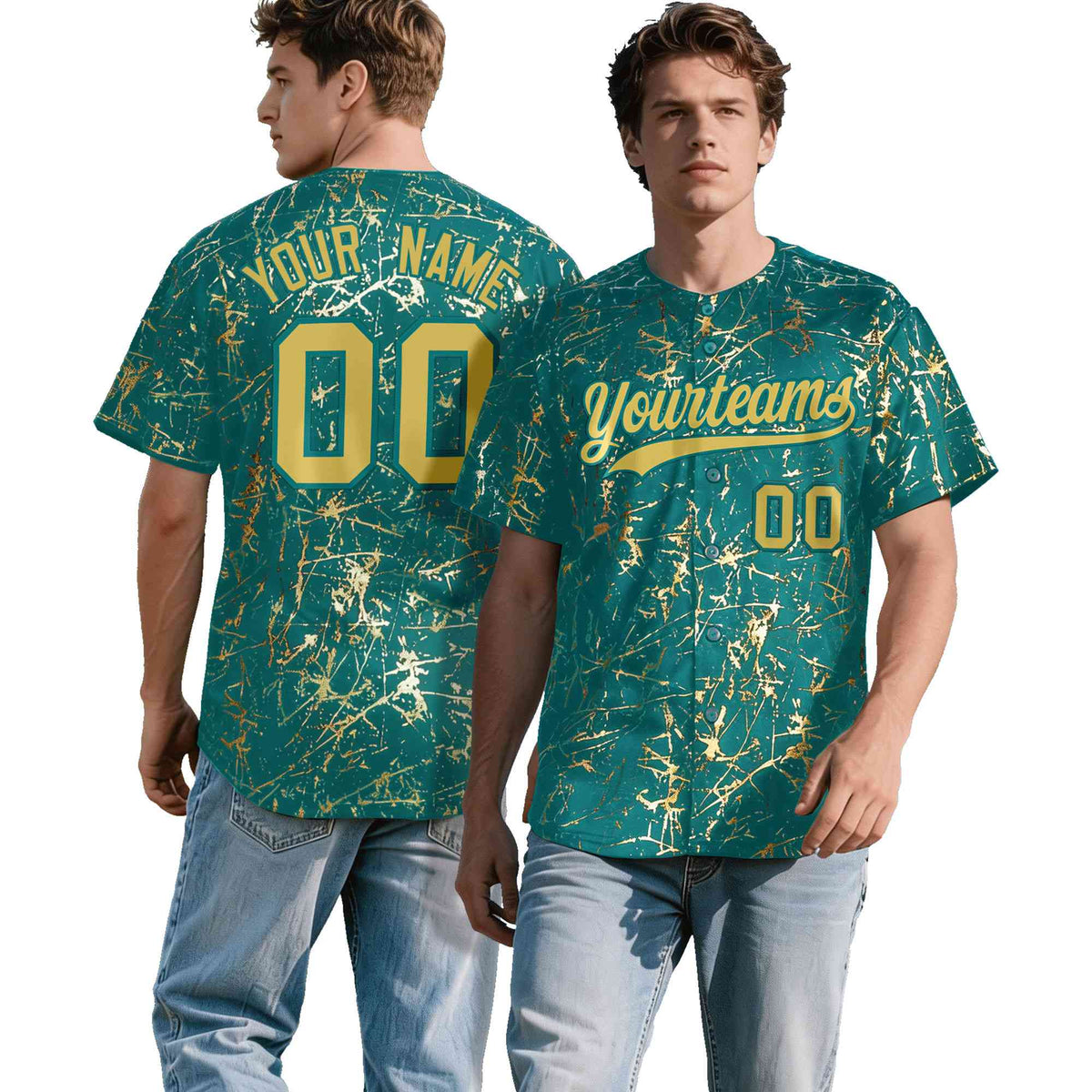 Custom Teal Old Gold Black&Shiny Gold Cracked Foil Hip Hop Button Down Baseball Jersey